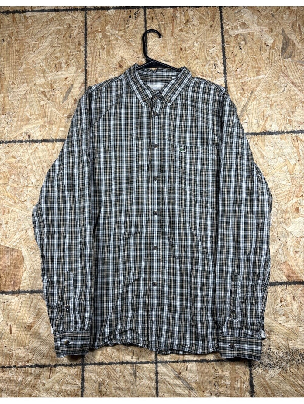Lacoste Shirt Men Large Green/Beige Regular Fit Button Up Long Sleeve